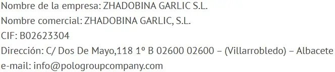 Datos identificativos de ZHADOBINA GARLIC, S.L.